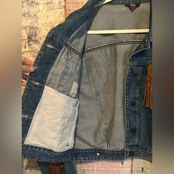 Womens Jean Denim Suede Fringe Western Cowgirl Rodeo Jacket Large Rock n Roll - Picture 9 of 16